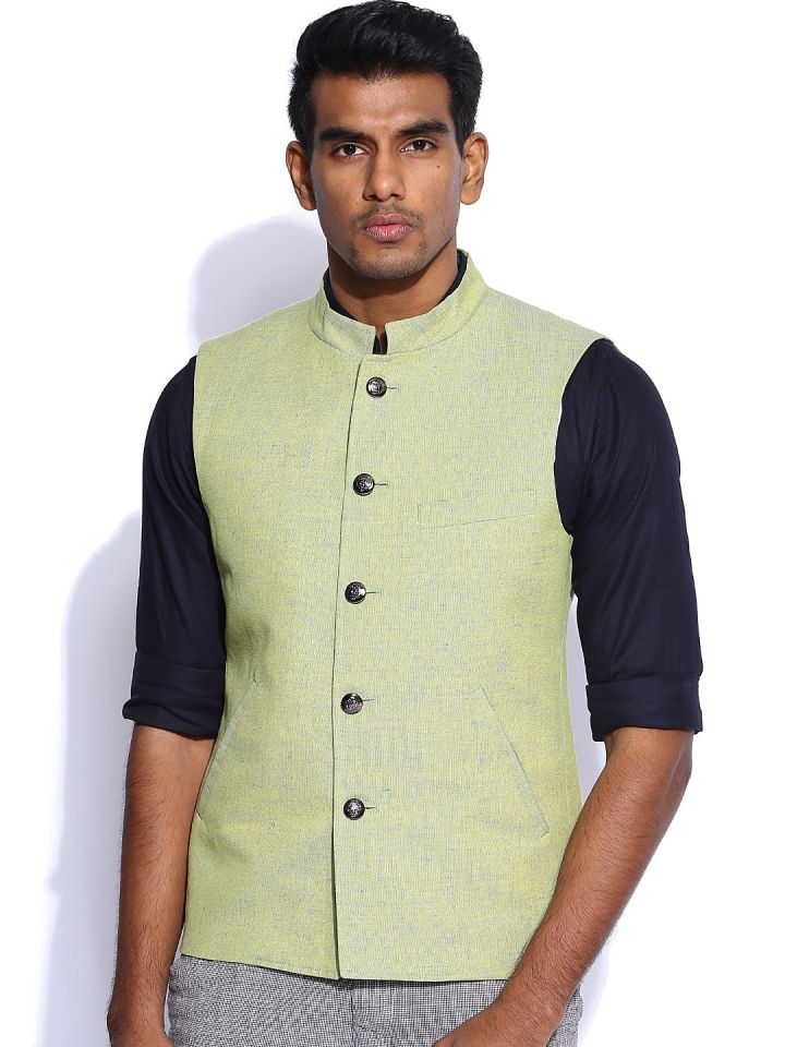 Peter England Lime Green Italian Fit Linen Nehru Jacket