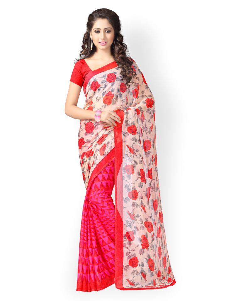 Buy Vaamsi White Red Chiffon Georgette Printed Saree Sarees