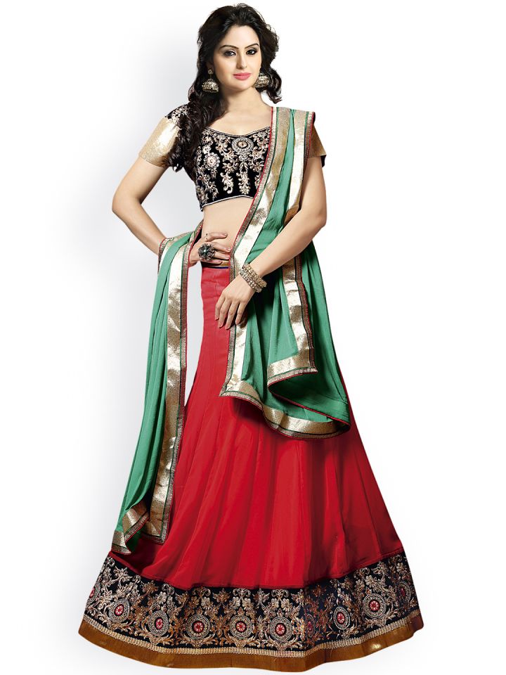 Buy 7 Colors Lifestyle Red & Green Georgette Semi Stitched