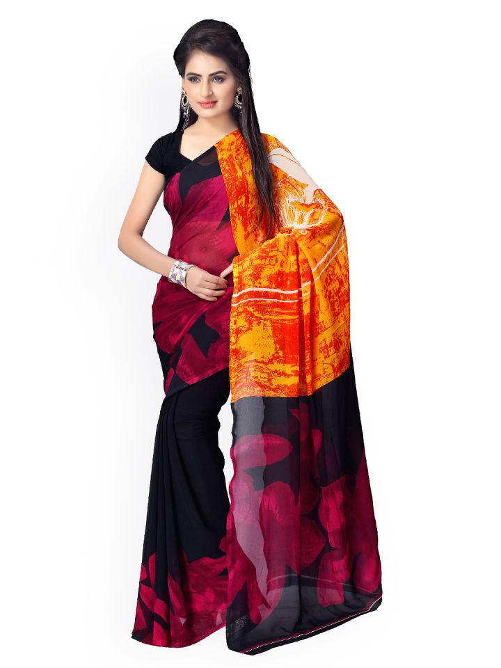 Buy Vaamsi Black Orange Georgette Abstract Print Saree Sarees