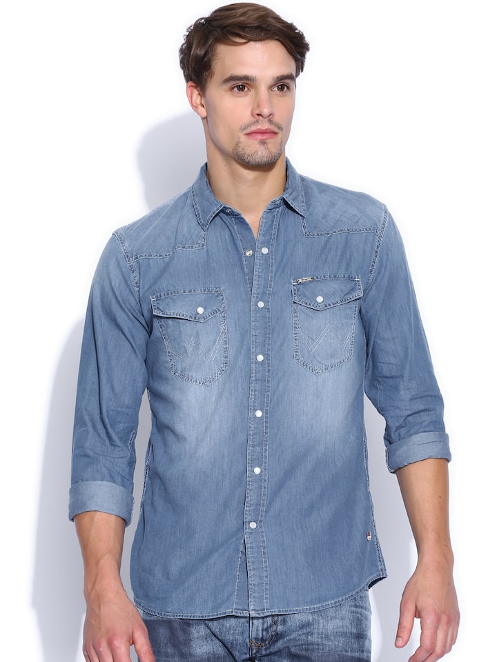 Buy Wrangler Blue Denim Slim Fit Indigo Shirt - Shirts for Men 945709 |  Myntra