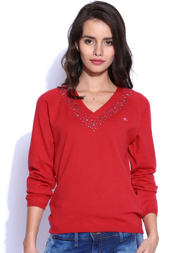 Red embellished sweater top