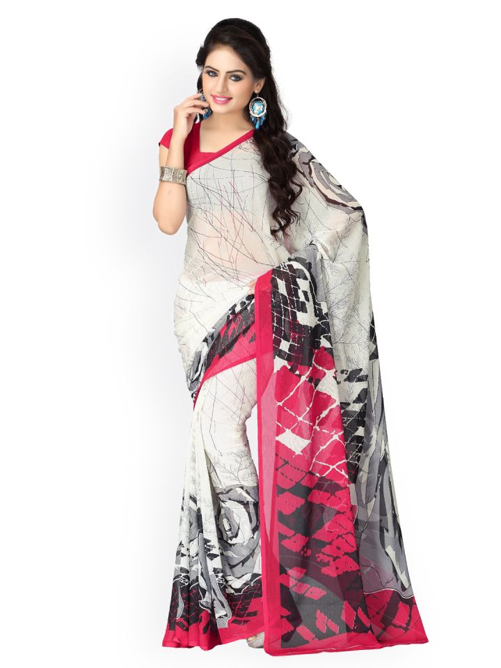 Buy Vaamsi White Chiffon Printed Saree Sarees for Women 987089