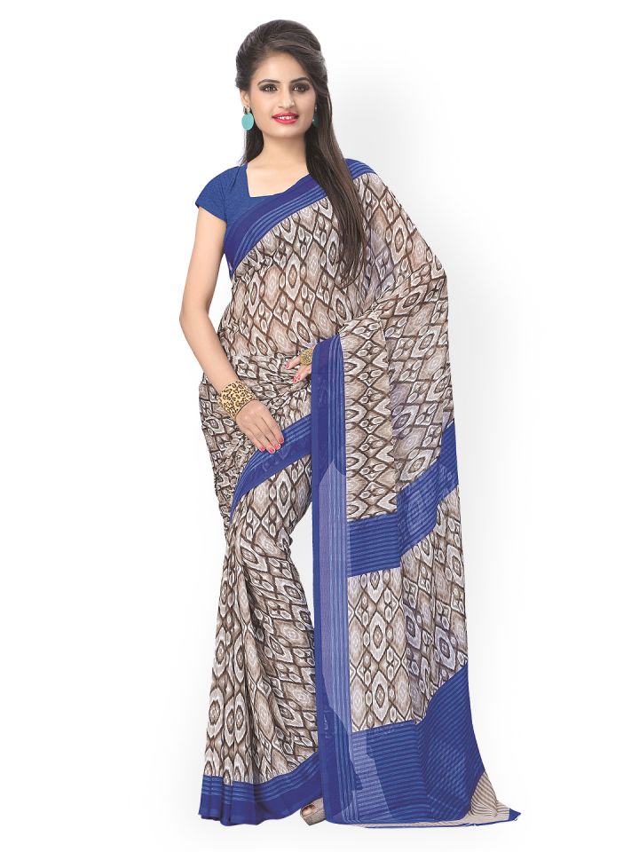 Buy Vaamsi Grey Blue Chiffon Printed Saree Sarees for Women