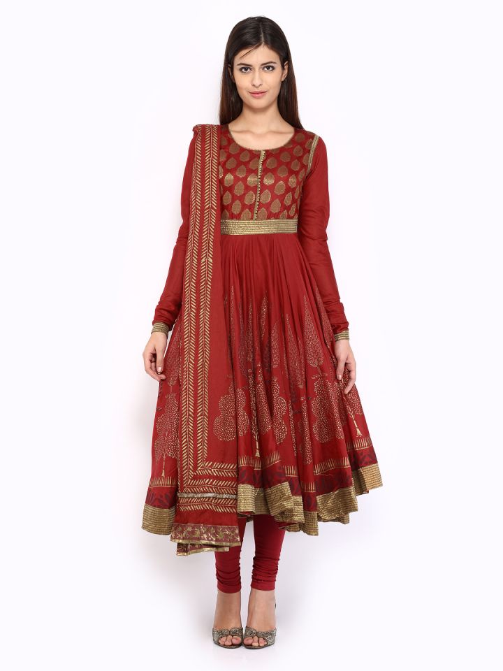 BIBA OUTLET Women Red Printed Anarkali Churidar Kurta with Dupatta