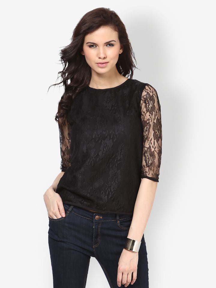 Buy FITTED PLUNGING NECK BLACK LACE-UP TOP for Women Online in India