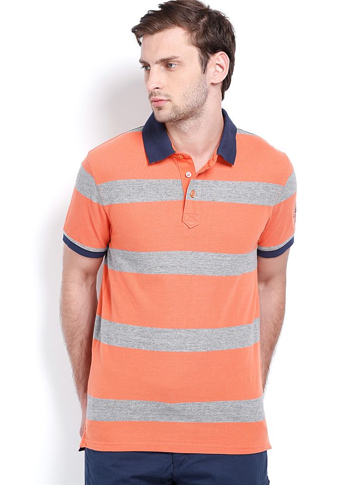Celio Men Orange \u0026 Grey Striped Polo 