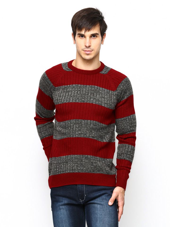 Grey sweater store with red stripe