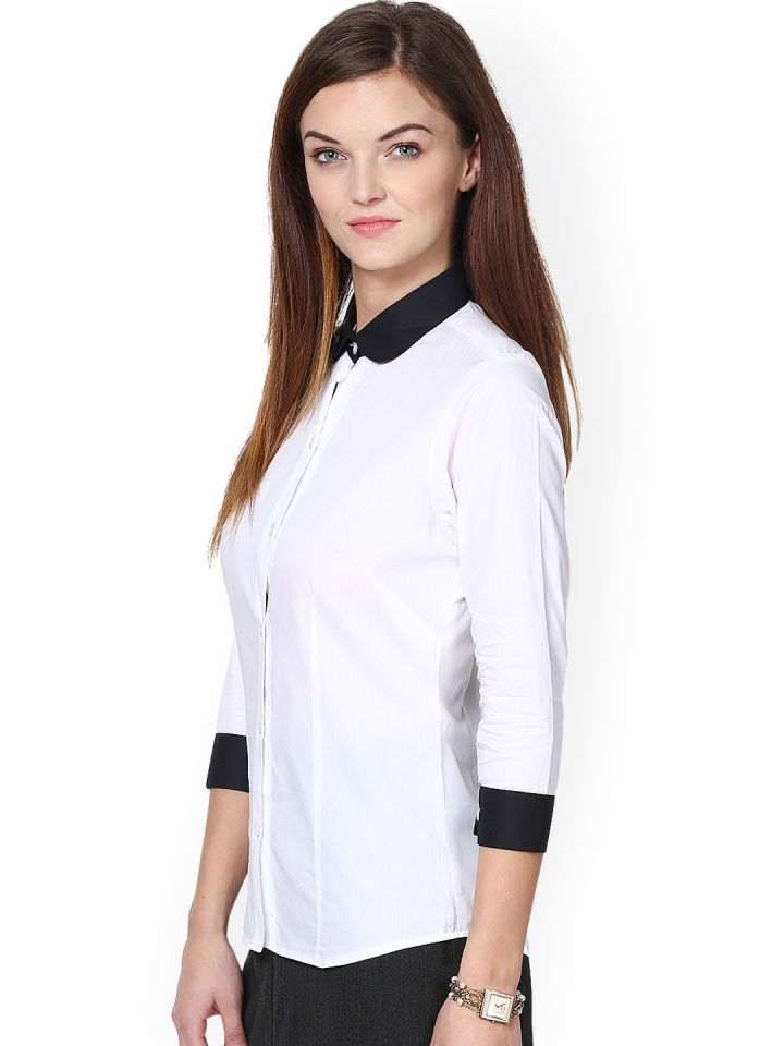 Buy Dazzio Women White Black Modern Fit Smart Casual Shirt