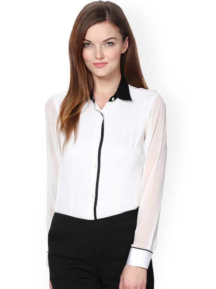 Buy Dazzio Women White Black Modern Fit Smart Casual Shirt