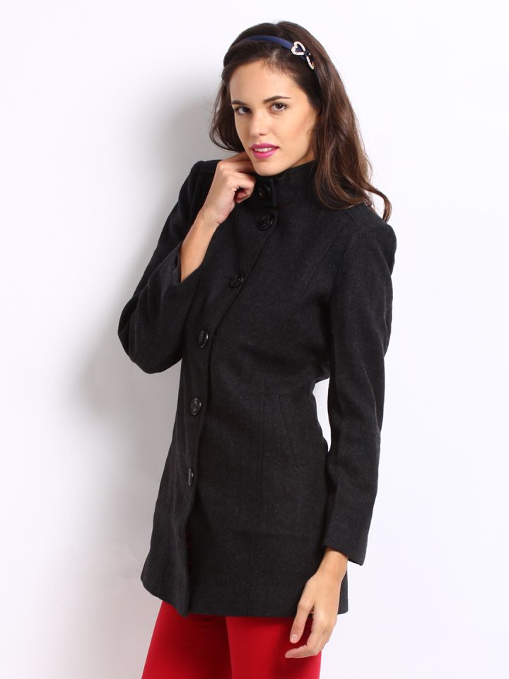 Buy DressBerry Women Black Striped Thigh Length Coat Coats for