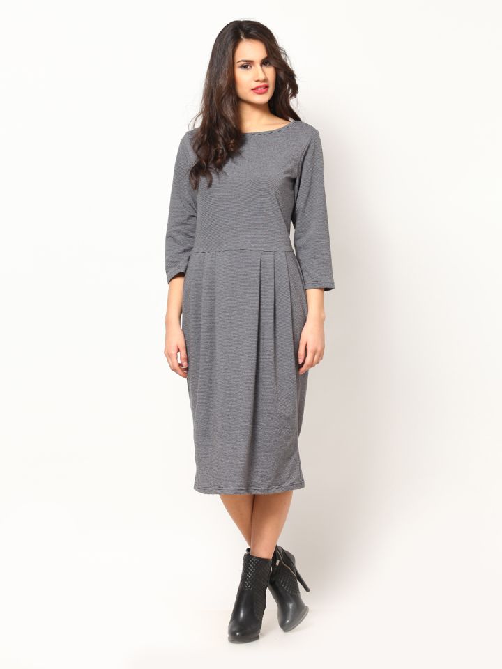 Buy Eavan Grey Striped Fit Flare Dress Dresses for Women