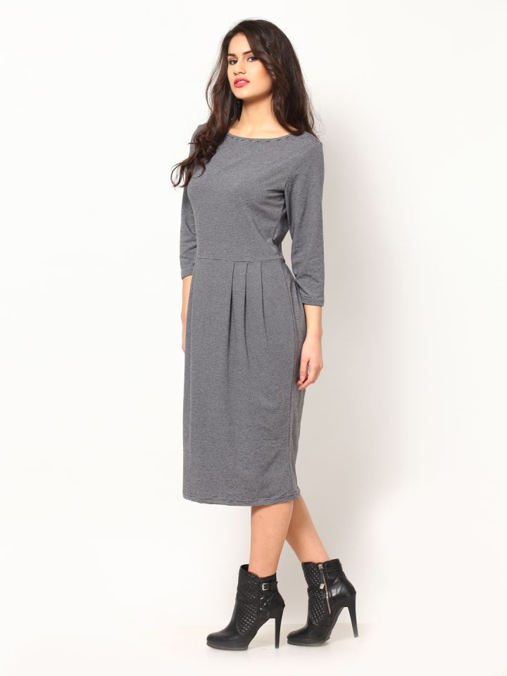 Buy Eavan Grey Striped Fit Flare Dress Dresses for Women