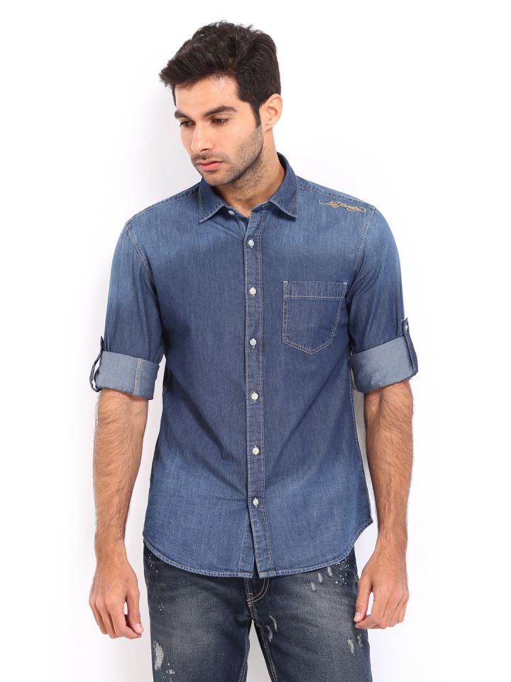 Ed Hardy Men Blue Slim Fit Denim Casual Shirt