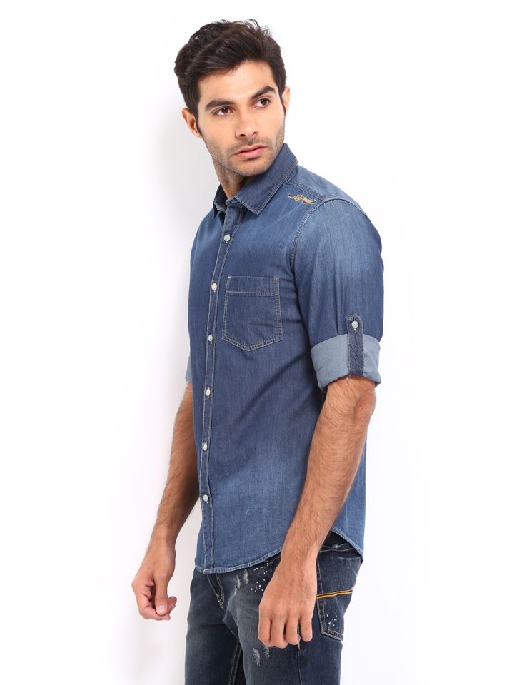 Ed Hardy Men Blue Slim Fit Denim Casual Shirt