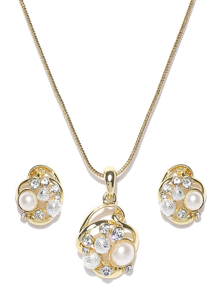 Estelle 24 Carat Gold Plated Earrings Pendant Set With Chain Jewellery For Women 575563 Myntra - Estelle Pendant Set
