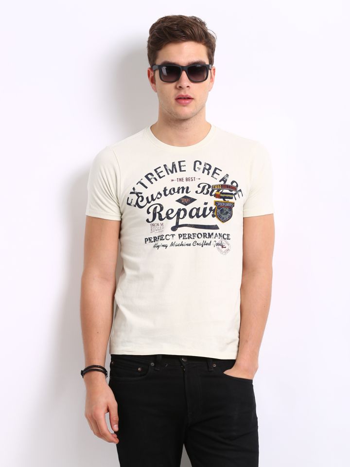 Buy Flying Machine Men Cream Coloured Printed T Shirt Tshirts