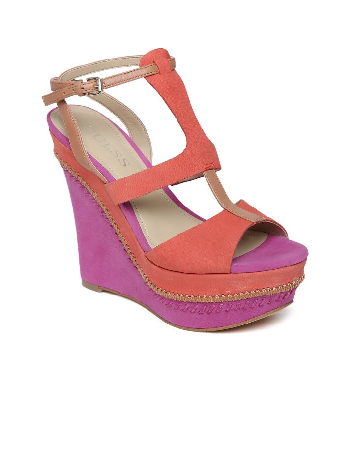 GUESS Women Coral Pink Leather Wedges
