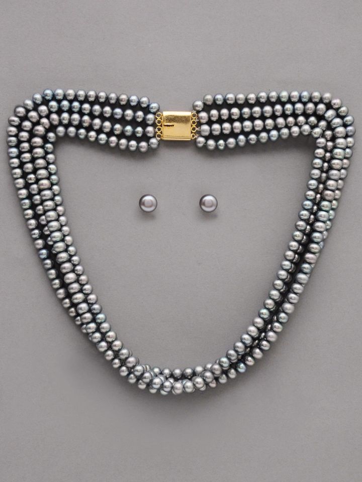 Jpearls Women 4 String Grey Pearl Jewellery Set