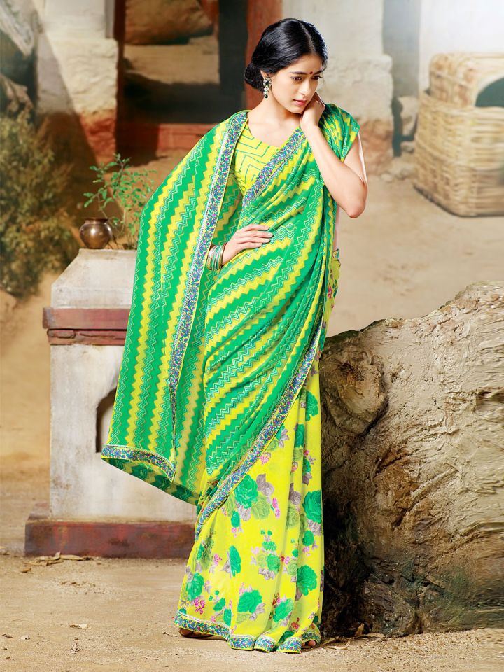 Laxmipati Green Yellow Printed Georgette Fashion Saree