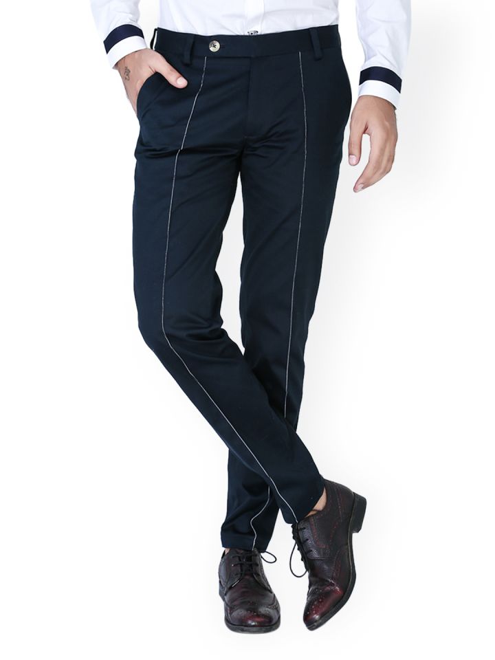 Buy MR BUTTON Men Dark Blue Slim Fit Smart Casual Trousers