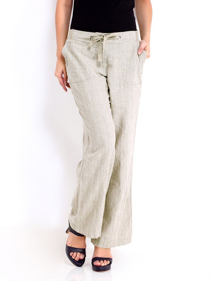 Maine by Debenhams Women Beige Striped Linen Blend Trousers