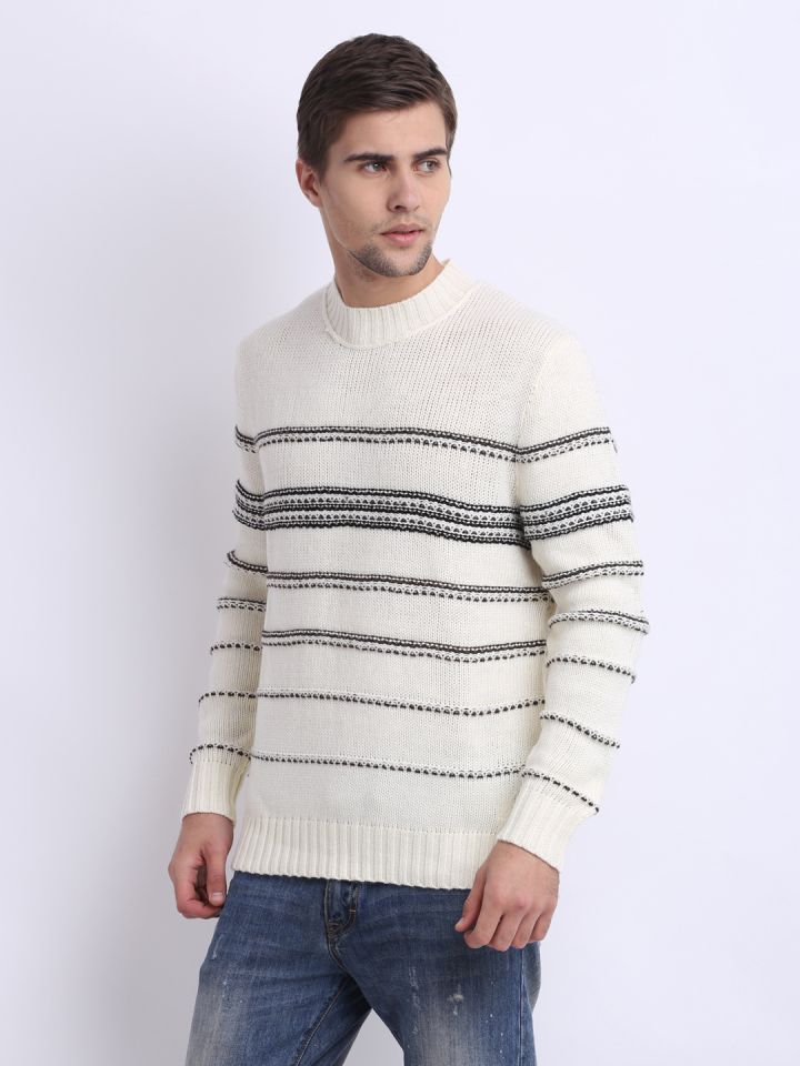 Nautica Men Cream Coloured Brown Striped Knit Sweater