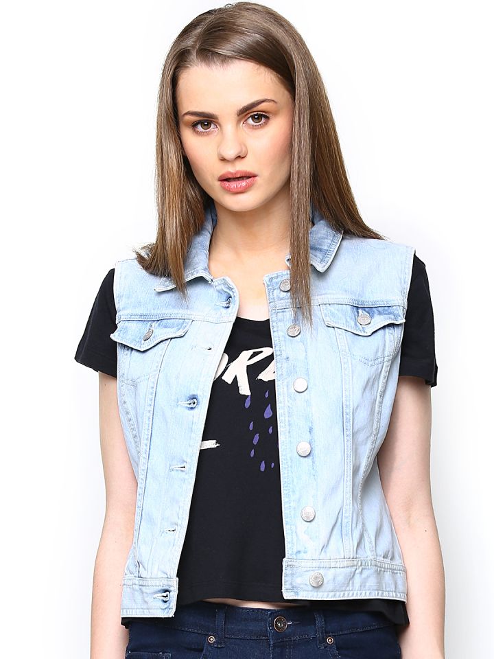 Buy ONLY Women Blue Denim Sleeveless Jacket Jackets for