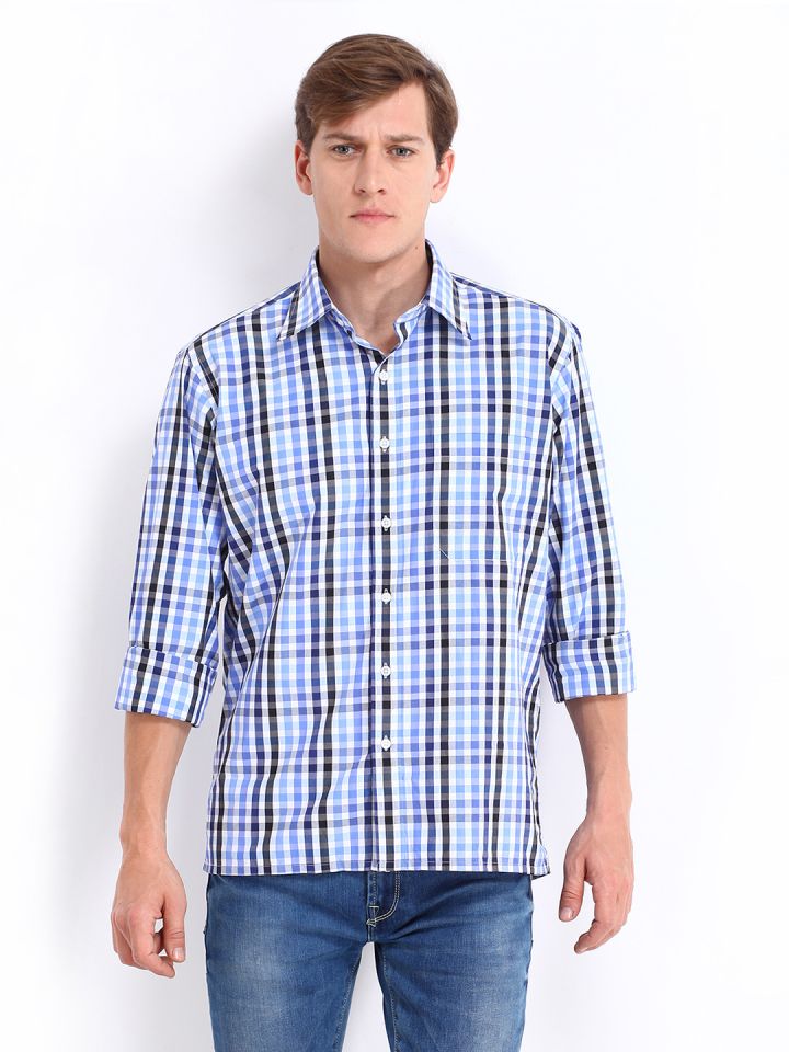 Oxemberg Men White Blue Checked Casual Shirt