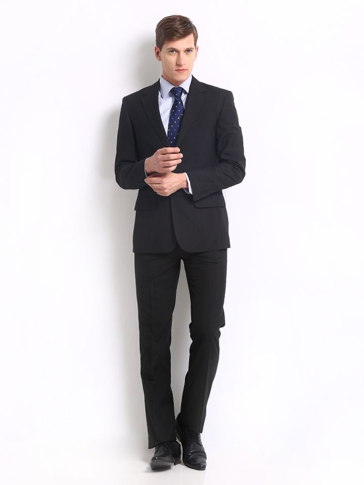 Buy Peter England Men Black Pinstriped Slim Fit Single Breasted