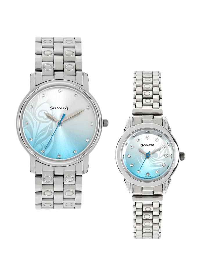 Sonata Silver Toned Blue Dial Set of 2 His Her Watches 10138925SM01