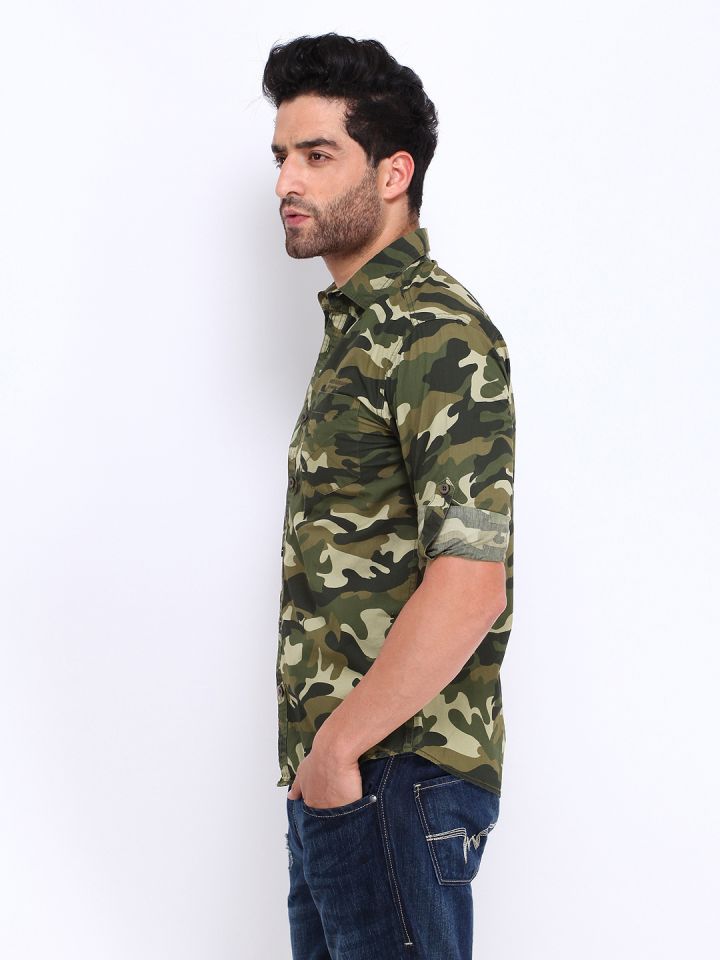 Camo Print Slim Fit Denim Shirt