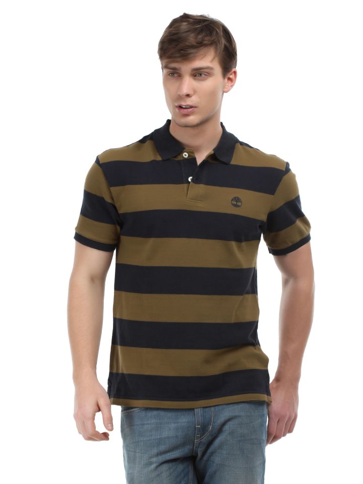 Timberland Men Navy Brown Striped Polo T shirt