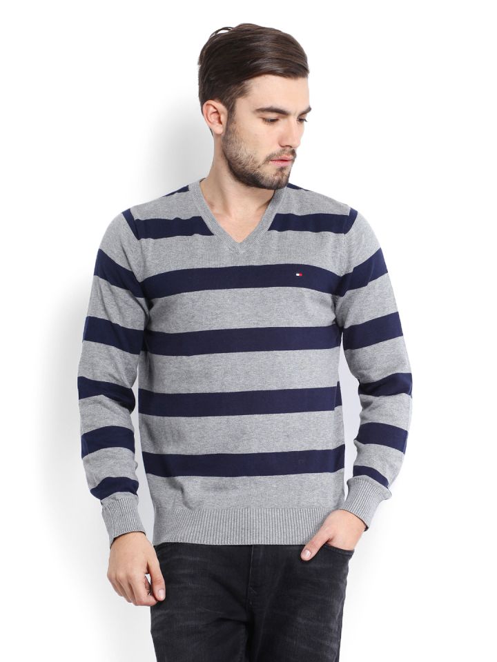 Tommy Hilfiger Men Grey Navy Andover Striped Sweater