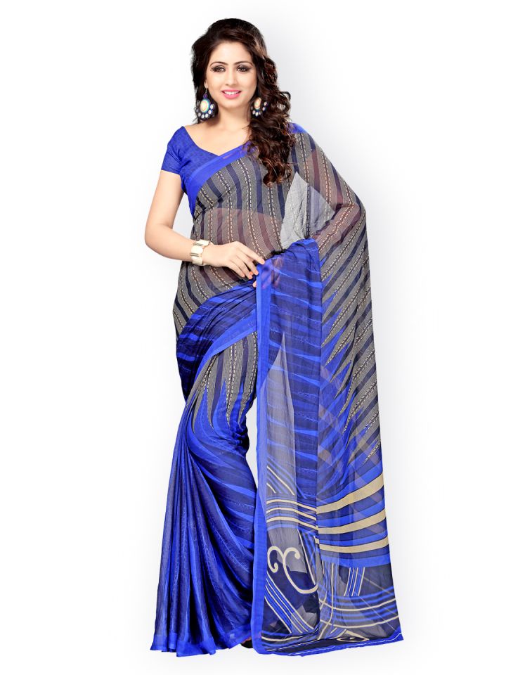 Buy Vaamsi Grey Blue Chiffon Printed Saree Sarees for Women