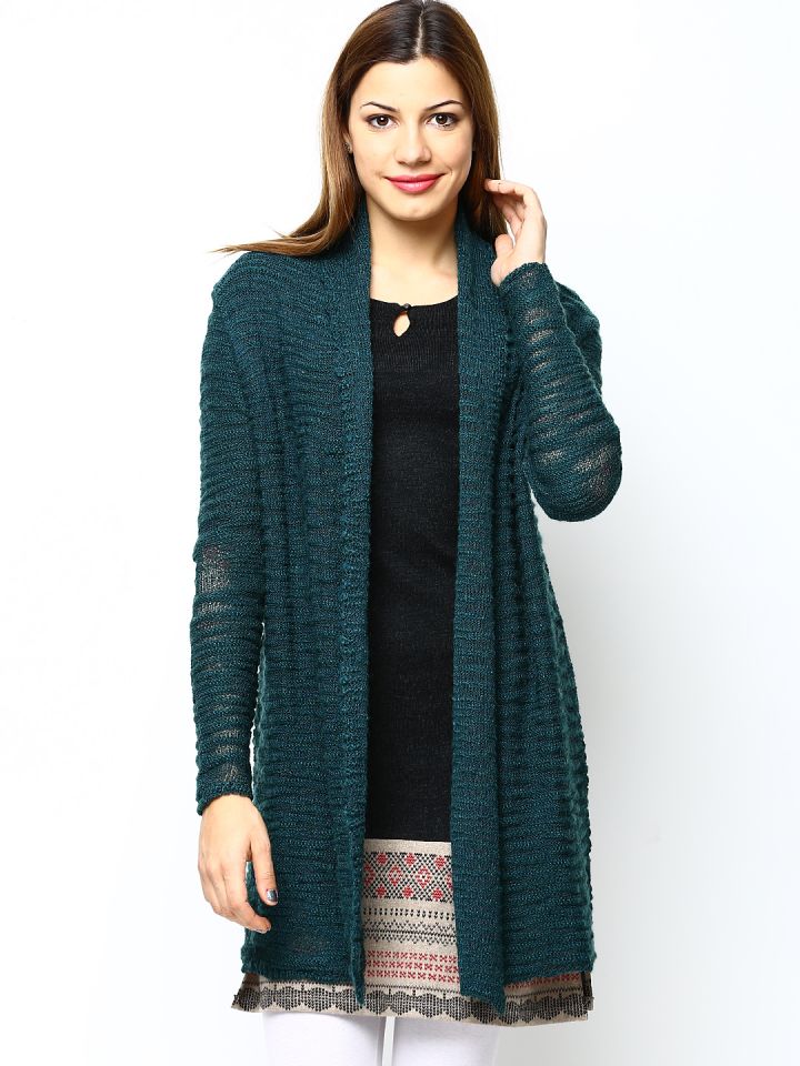 W Teal Green Knit Self Striped Longline Shrug
