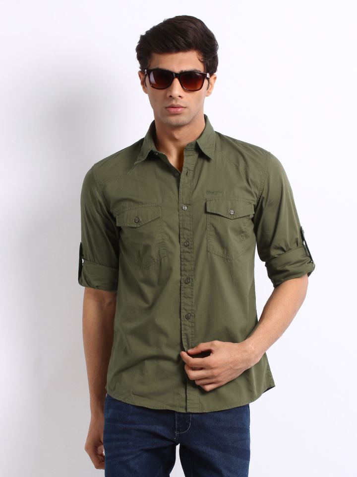 olive green denim shirt mens