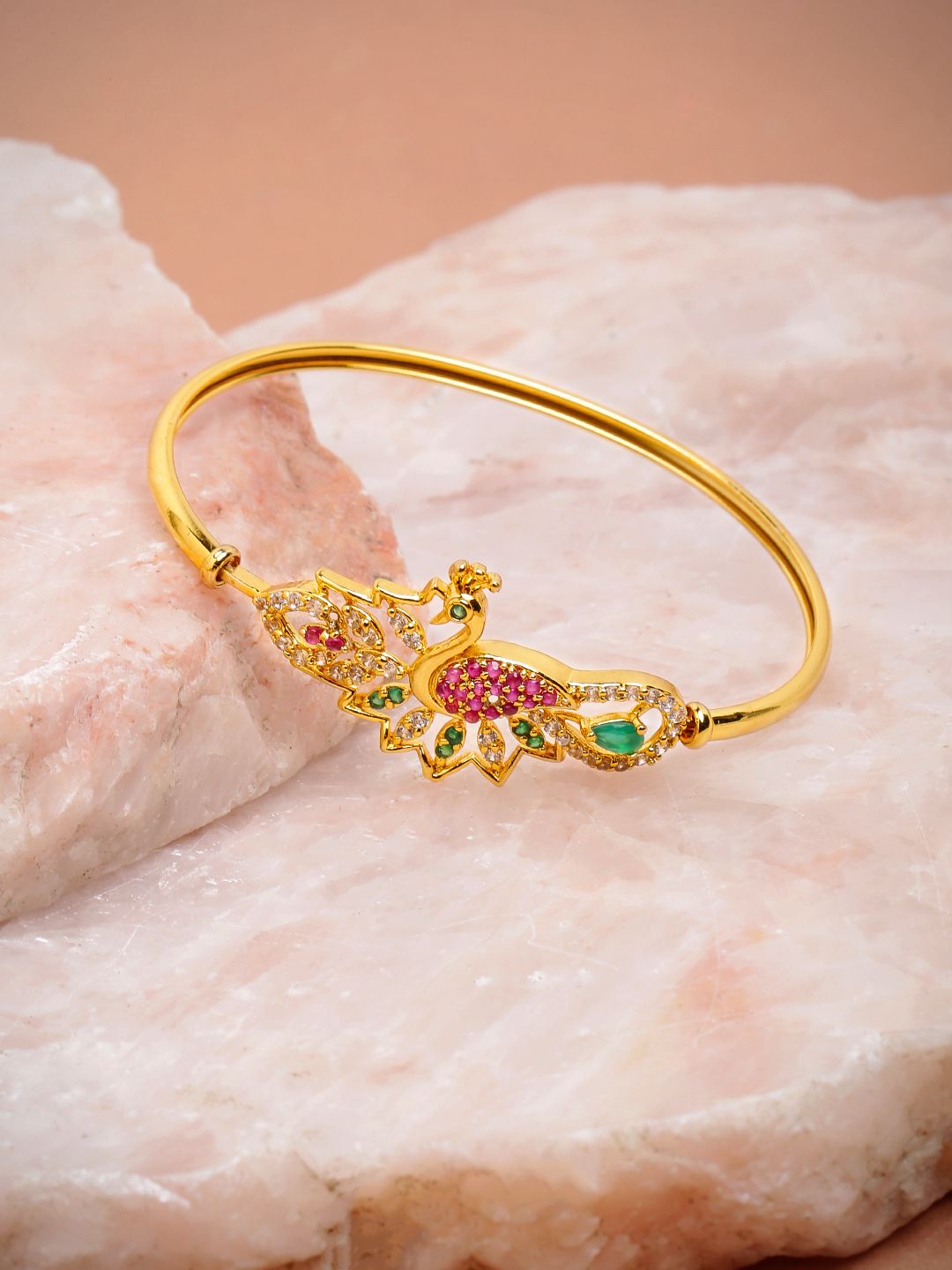 Zaveri Pearls Cubic Zirconia Studded Peacock Design Openable Bangle-Style Bracelet
