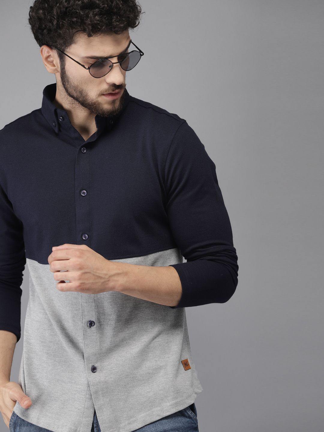 CAHOOT Men Navy Blue & Grey Standard Fit Colourblocked Casual Shirt