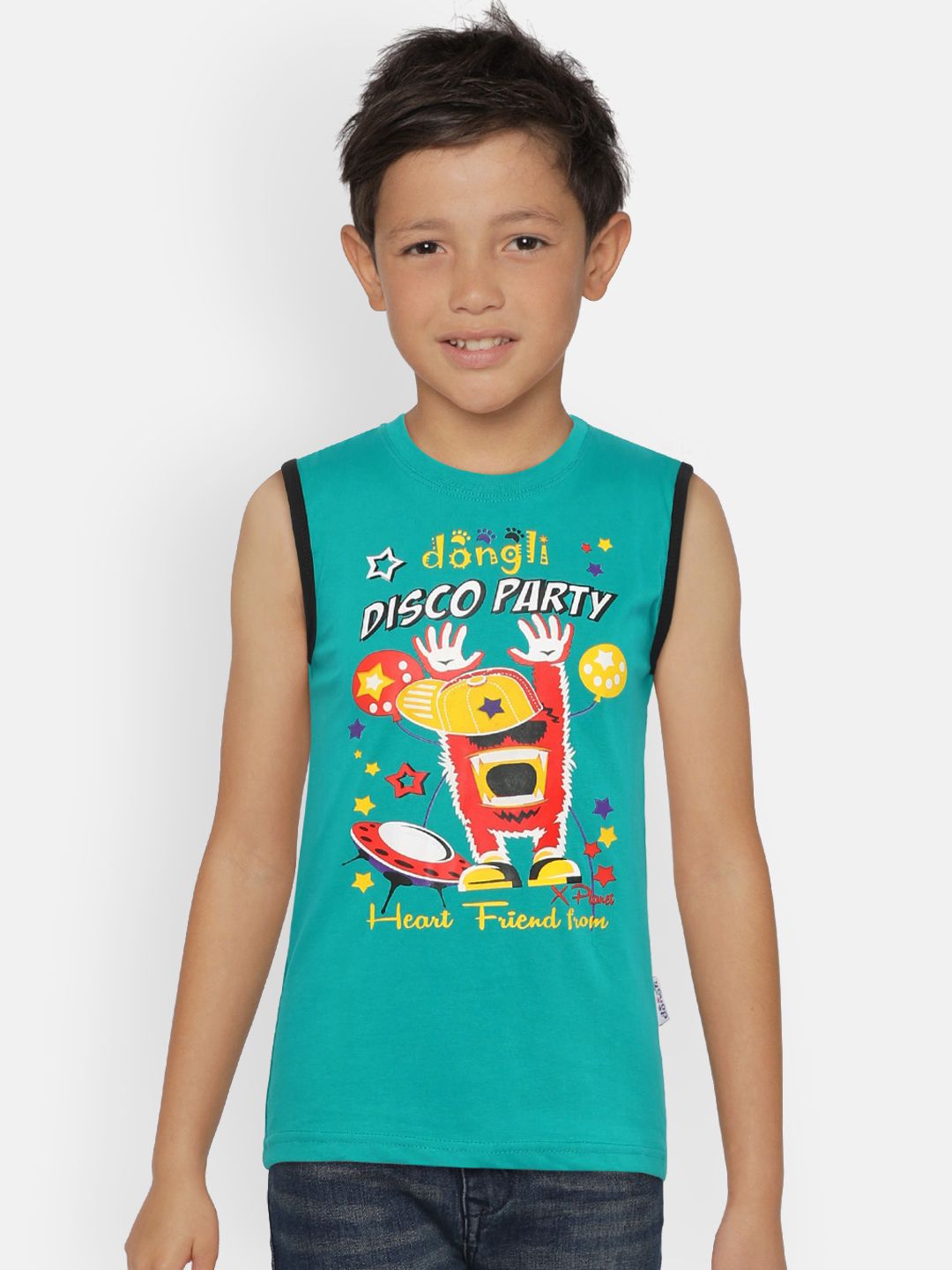 dongli Boys Turquoise Blue Printed Round Neck Sleeveless T-shirt