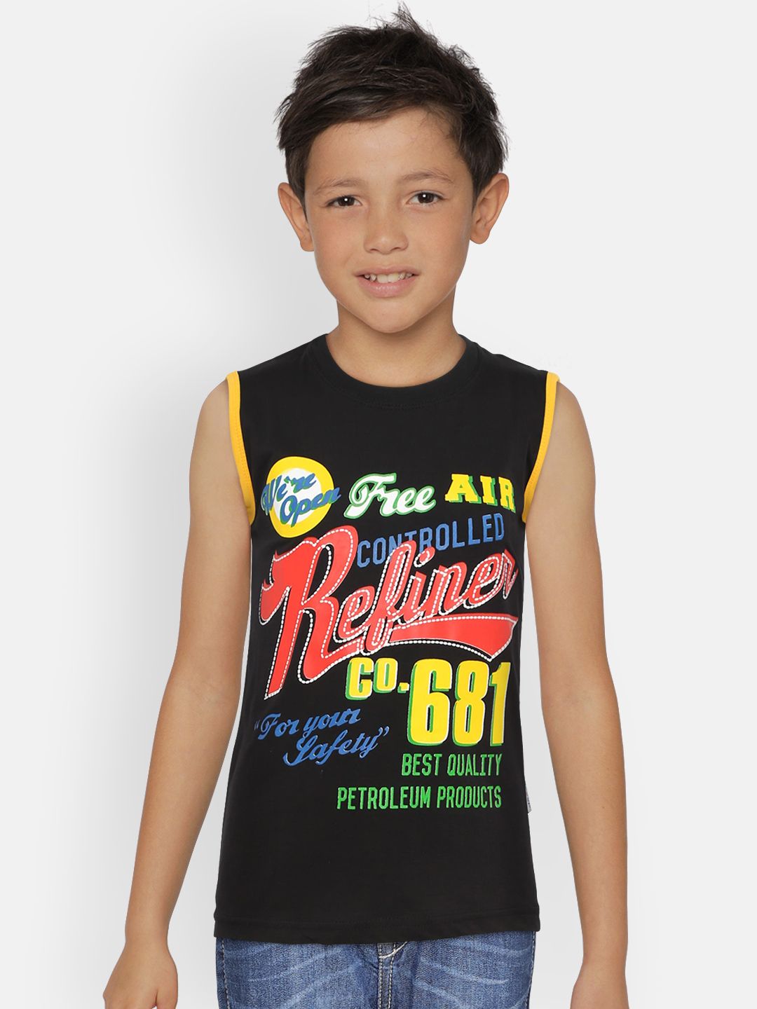dongli Boys Black Printed Round Neck T-shirt