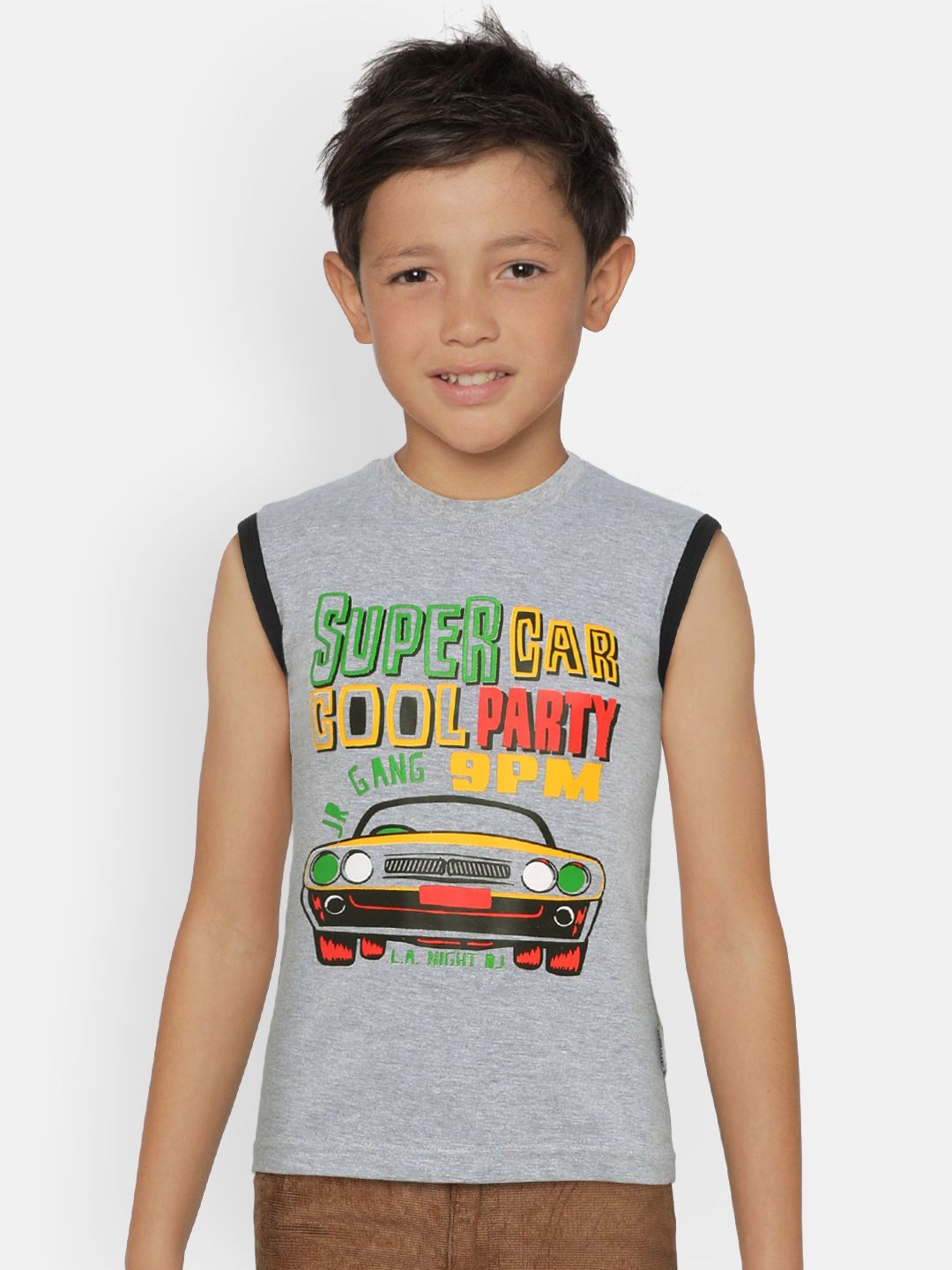 dongli Boys Grey Melange Printed Round Neck Sleeveless T-shirt