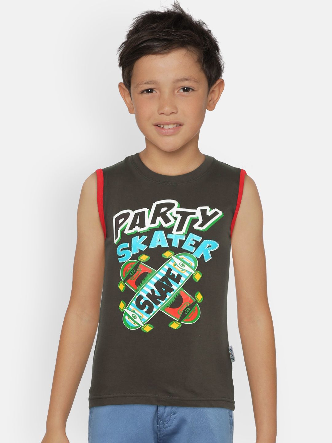 dongli Boys Grey Printed Round Neck Sleeveless T-shirt