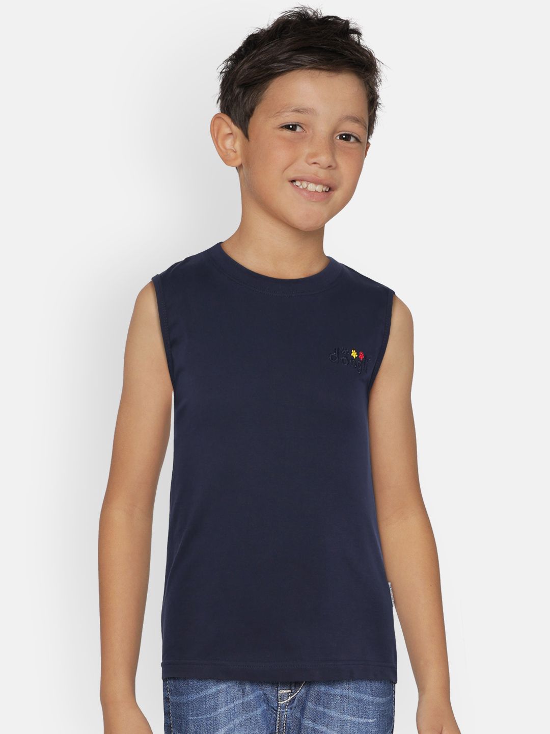 dongli Boys Navy Blue Solid Round Neck Sleeveless T-shirt
