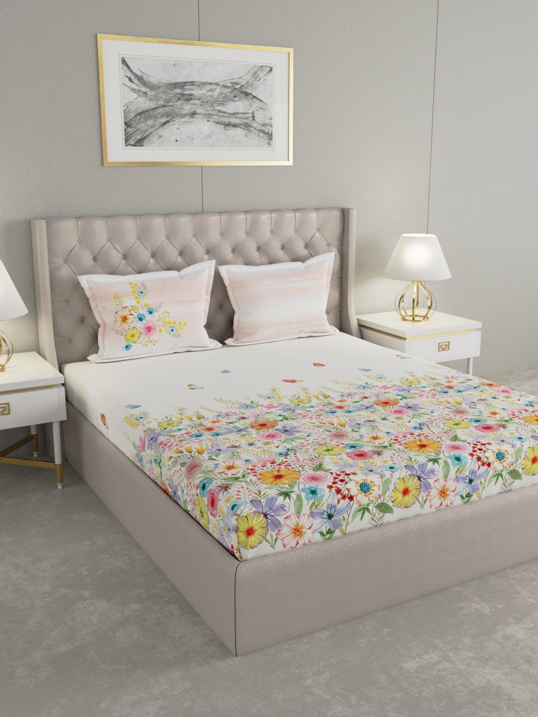GM White Pink Floral 144 TC Cotton Double Super Queen Bedsheet with 2 Pillow Covers
