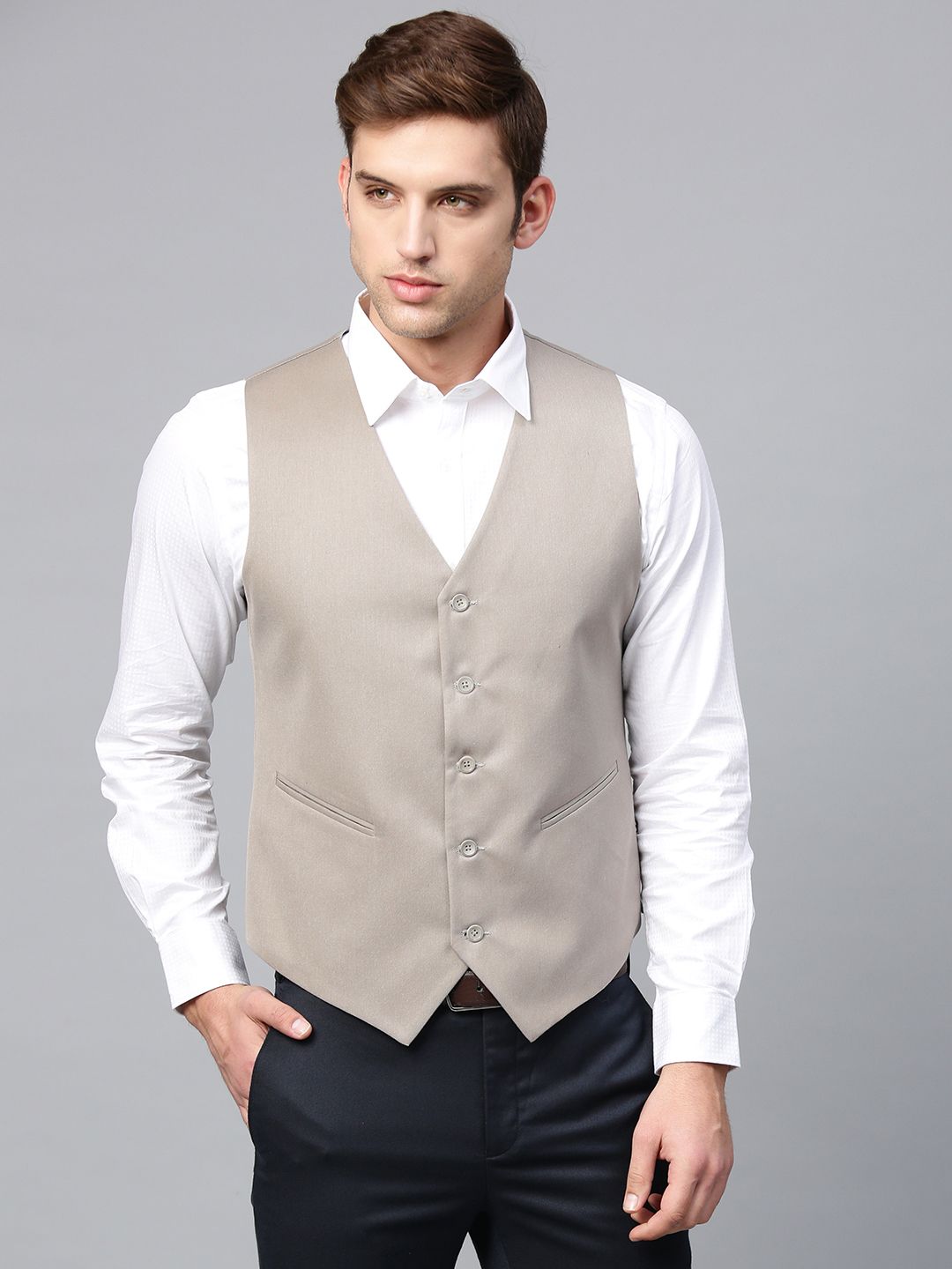 MANQ Men Taupe Solid Slim Fit Single-Breasted Waistcoat