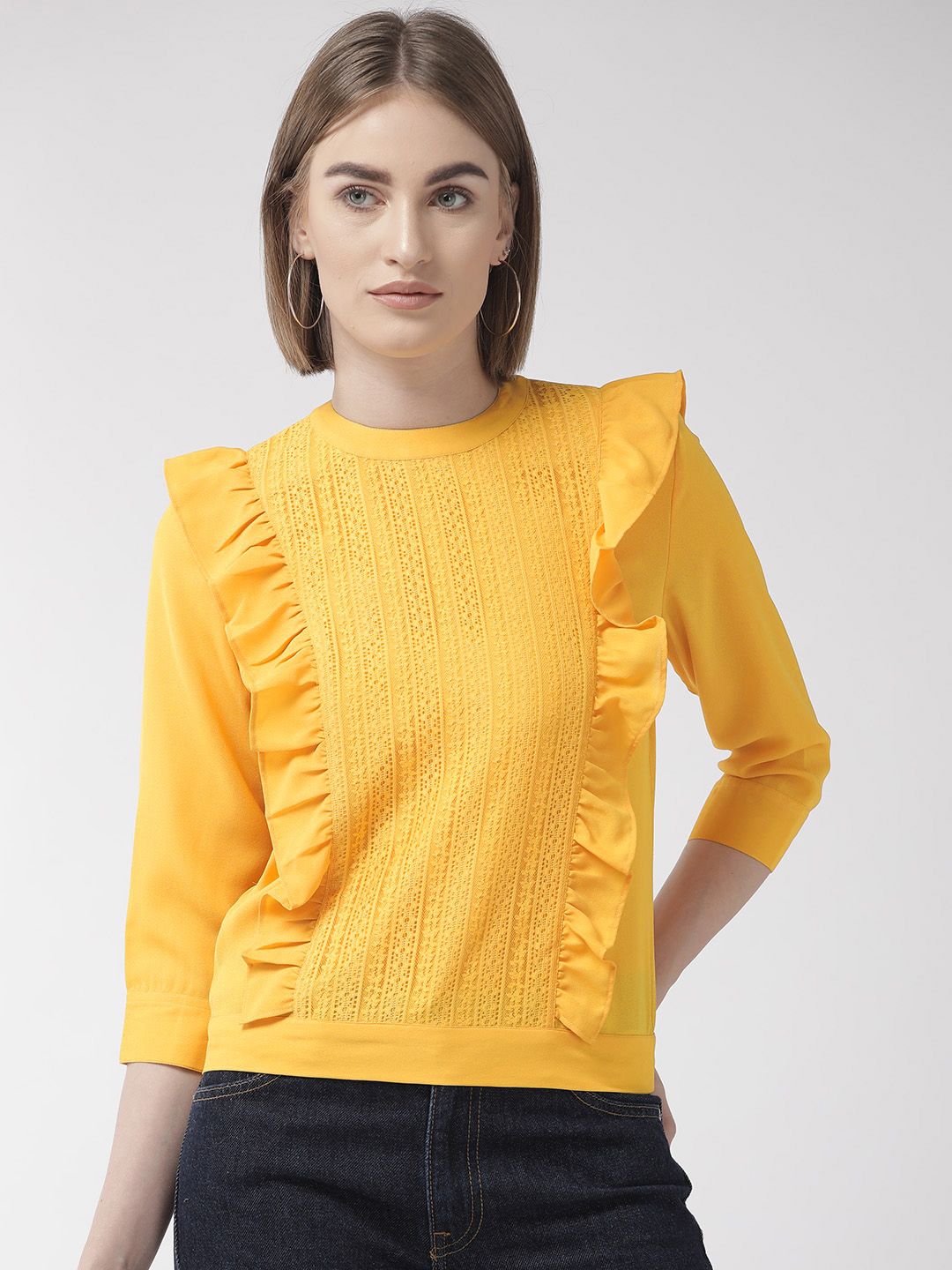 Style Quotient Women Mustard Yellow Lace Detail Blouson Top