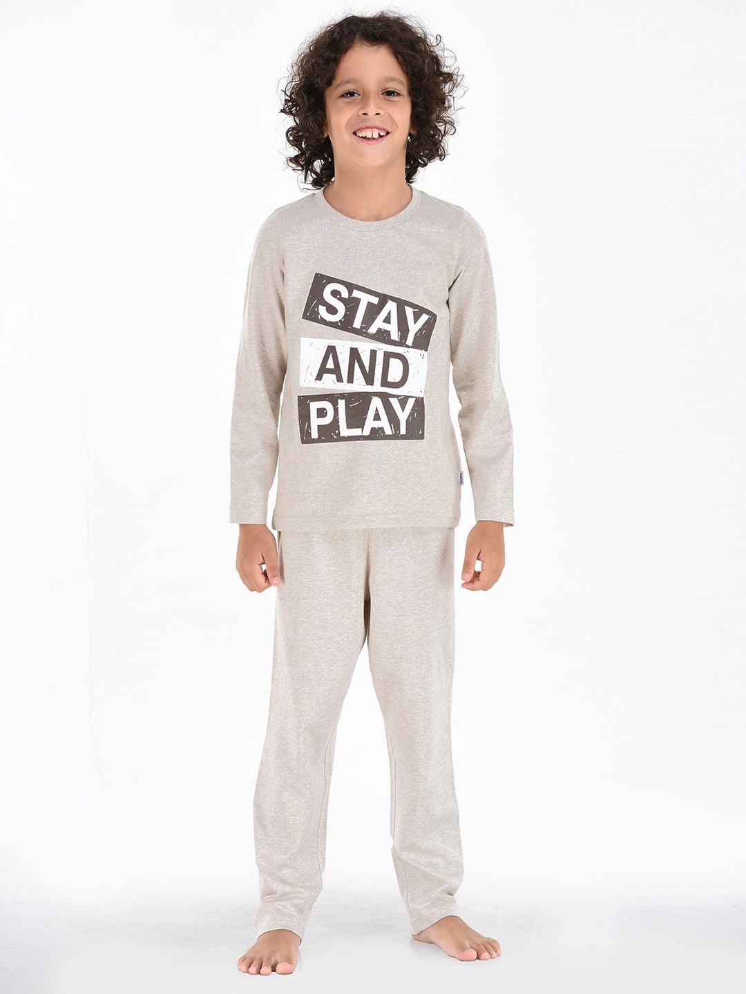 mackly Boys Grey Melange Printed Night suit