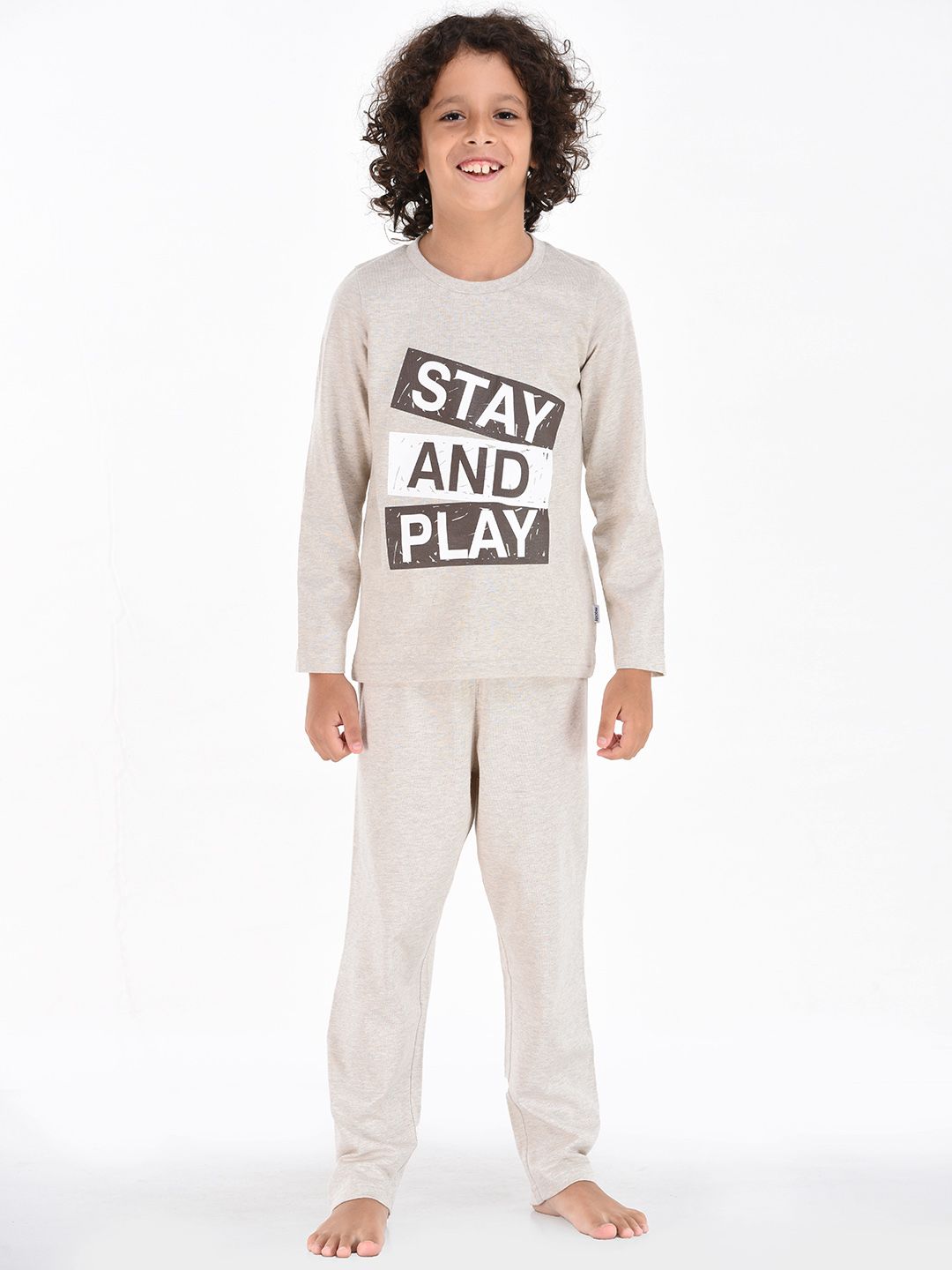 mackly Boys Grey Melange Printed Night suit