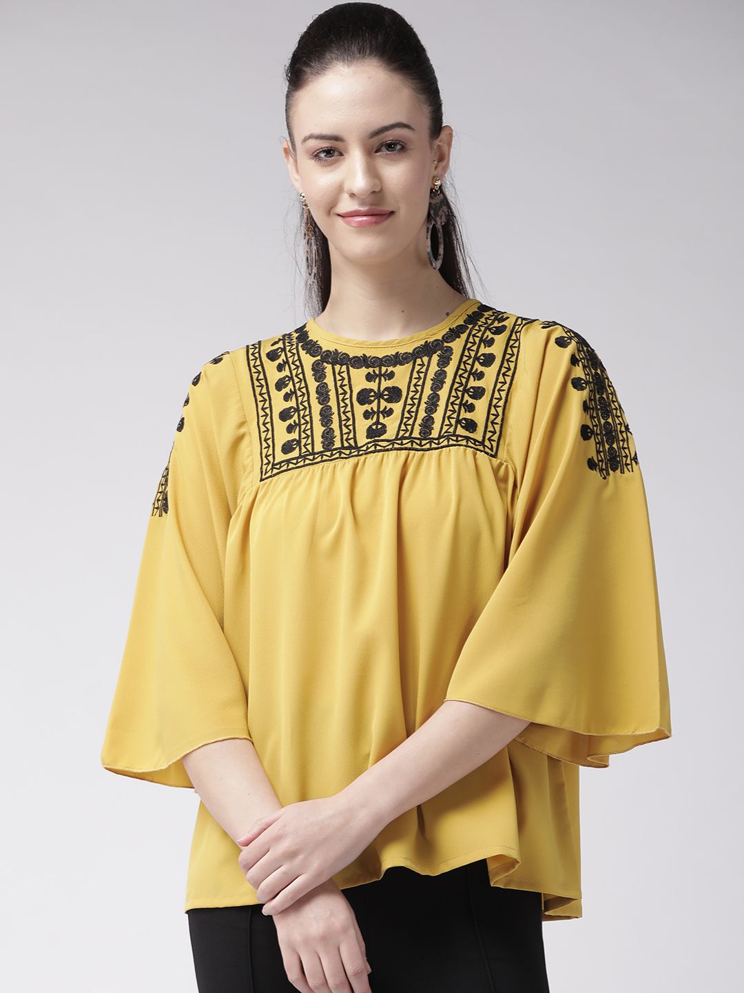 plusS Women Yellow & Black Embroidered Detail A-Line Top